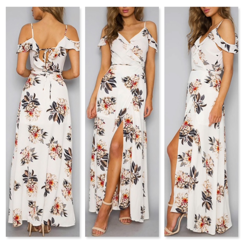 White Floral Ruffle Detail Off Shoulder Maxi Dress - Picture 5 of 8